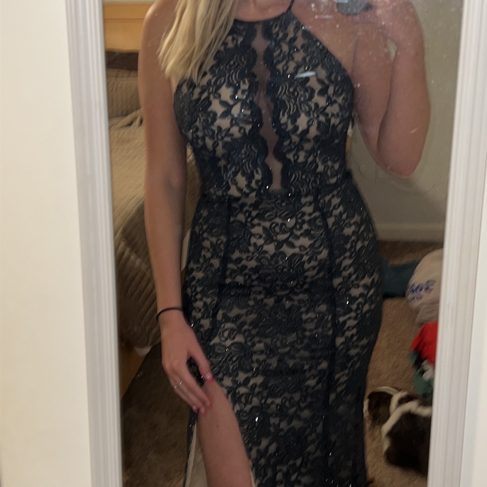 Navy Mesh Halter Gown